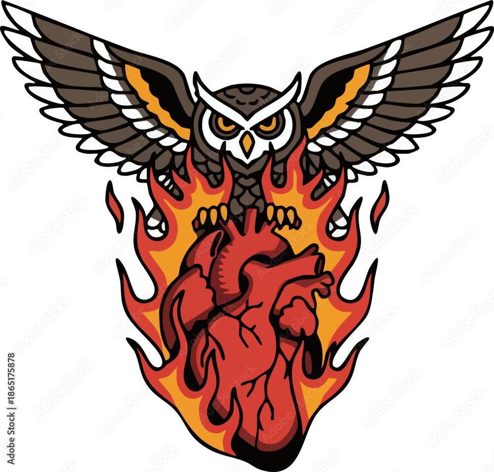 Obraz premium Fiery Owl Graphic Design Holding Burning Anatomical Heart