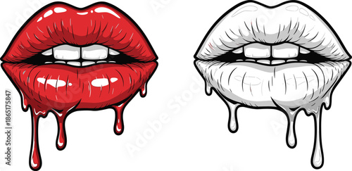 Dripping lips illustration in red and black colors, melting glossy mouth with liquid droplets, sensual makeup art, minimalist vector on white.