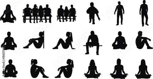 People silhouette collection showing sitting, walking, relaxing, and meditation poses isolated on white background for lifestyle, wellness, and human activity concepts
