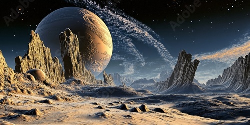 Surreal Alien Landscape With Massive Ringed Planet And Majestic Spires At Dusk