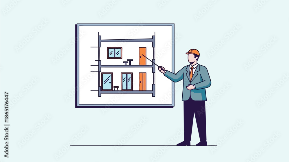 Fototapeta premium Architect or Engineer Presenting House Floor Plan Blueprint on Whiteboard for Construction Project Review