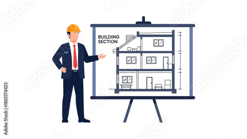 Architect Presents Cross Section Building Plan on Projector Screen
