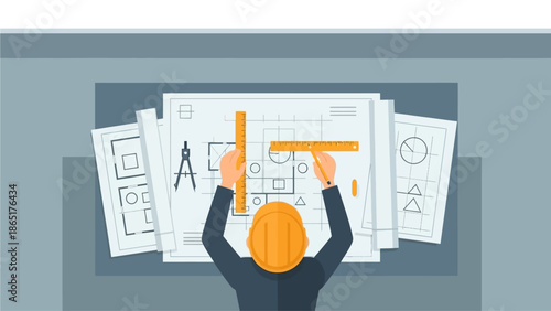 Architect or Engineer Working on Blueprints with Drafting Tools Construction Planning Concept