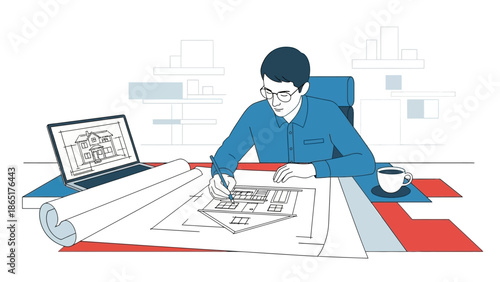 Young Architect Designing Building Plans at Modern Office Desk with Laptop