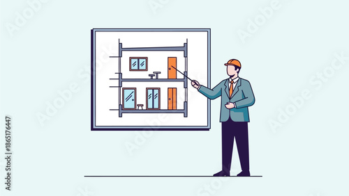 Architect or Engineer Presenting House Floor Plan Blueprint on Whiteboard for Construction Project Review