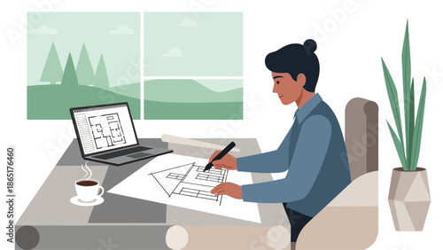 Male Architect or Draftsperson Working on House Floor Plan Design at Home Office