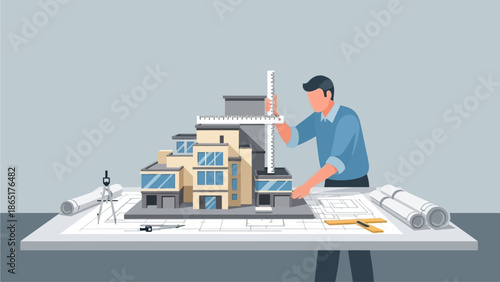 Architect Measuring Scale Model of Modern Building on Drafting Table with Blueprints