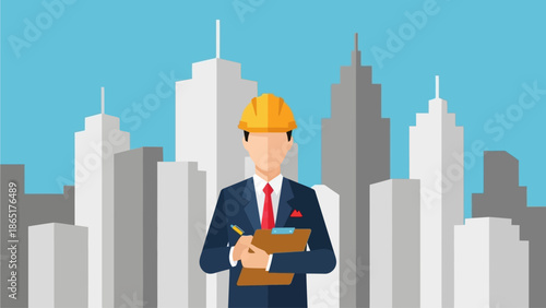 Construction Manager or Civil Engineer Standing Before Modern City Skyline with Clipboard