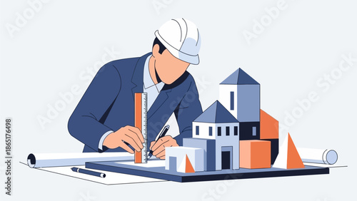 Architect Designing Scale Model of Modern Building Project with Blueprint and Ruler