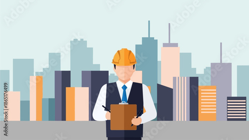 Construction Engineer or Architect with Clipboard Overseeing City Skyline Development