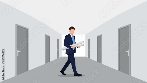 Businessman Holding Blueprints Walking Down Hallway with Multiple Doors Career Choices Concept