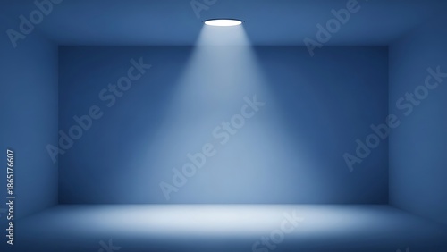 Empty blue 3D room studio background with overhead spotlight beam
