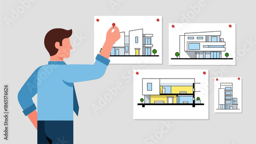 Architect Pinning Modern Home Blueprints and House Design Concepts on Wall