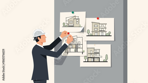 Architect Pinning Modern House Blueprints on Project Board for Residential Design Review