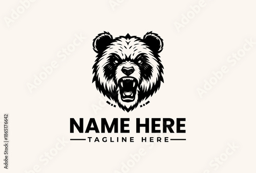 A black and white illustration of a bear's head with an open mouth on a beige background, with space for a logo, vector icon, and tagline.