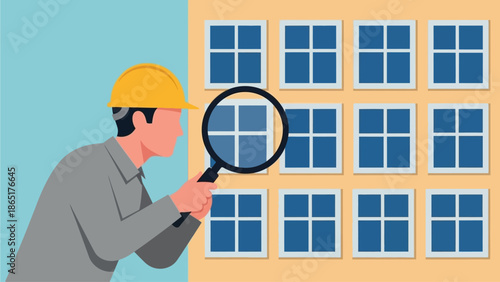 Construction Inspector Examining Building Windows with Magnifying Glass for Quality Check