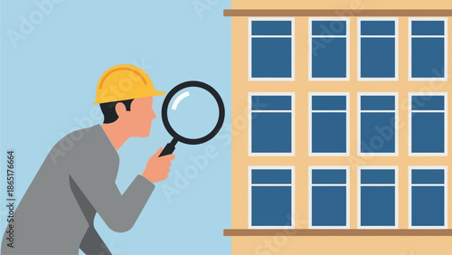 Construction Inspector with Magnifying Glass Examining Building Facade and Windows for Defects