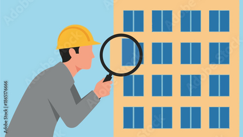 Construction Inspector Examining Building Facade with Magnifying Glass for Quality Check