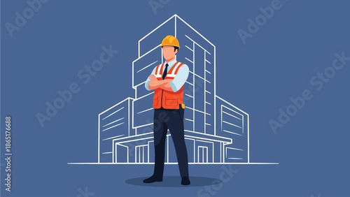 Confident Construction Engineer in Safety Vest Before Modern Building Blueprint Outline