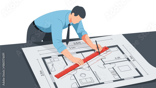 Architect or Engineer Drawing Home Floor Plan Blueprint with Ruler and Pencil on Desk