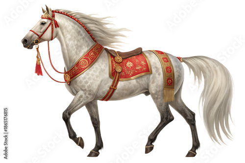 Elegant White Horse with Red and Gold Decorative Harness and Saddle animal grey isolated on a transparent background