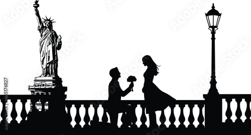 Romantic proposal silhouette at Statue of Liberty with kneeling man and woman, New York landmark wedding scene, black white vector, engagement