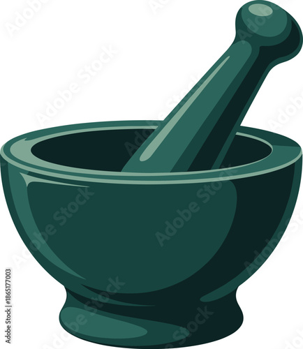 Green mortar and pestle icon illustration for herbal medicine, pharmacy symbol, kitchen tool, medical preparation, natural remedy concept