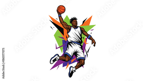 Urban street basketball mural vector illustration featuring a powerful player mid dunk with bold flat colors, graffiti city background, modern sports street art design for advertising and branding