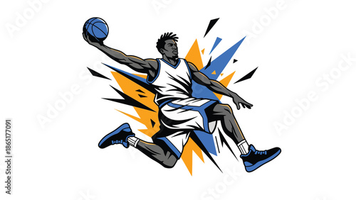 Urban street basketball mural vector illustration featuring a powerful player mid dunk with bold flat colors, graffiti city background, modern sports street art design for advertising and branding