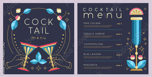 Retro holiday restaurant cocktail menu design on black background. Flat design. Vector illustration