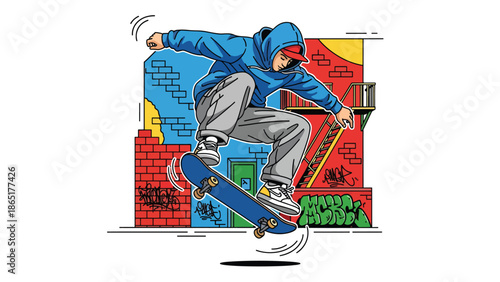 Skateboarder kickflip urban street mural vector illustration with bold flat colors and graffiti alley background, modern youth sports artwork perfect for branding, posters, and advertising design
