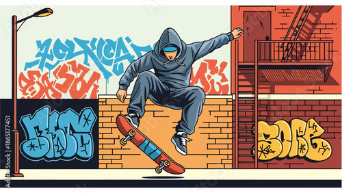 Skateboarder kickflip urban street mural vector illustration with bold flat colors and graffiti alley background, modern youth sports artwork perfect for branding, posters, and advertising design