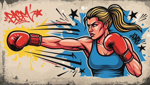 Female boxer street mural vector illustration with bold flat colors and graffiti urban background, powerful sports artwork representing strength, fitness, and empowerment for modern advertising use