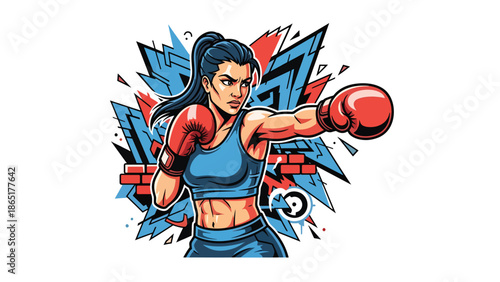 Female boxer street mural vector illustration with bold flat colors and graffiti urban background, powerful sports artwork representing strength, fitness, and empowerment for modern advertising use
