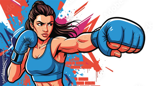 Female boxer street mural vector illustration with bold flat colors and graffiti urban background, powerful sports artwork representing strength, fitness, and empowerment for modern advertising use