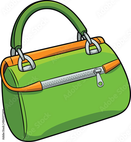 Green and orange handbag with silver zipper and handles