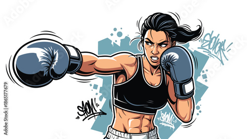 Female boxer street mural vector illustration with bold flat colors and graffiti urban background, powerful sports artwork representing strength, fitness, and empowerment for modern advertising use