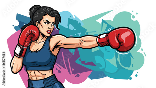 Female boxer street mural vector illustration with bold flat colors and graffiti urban background, powerful sports artwork representing strength, fitness, and empowerment for modern advertising use