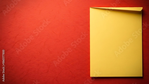 A yellow rectangle on a red background with a folded top right corner