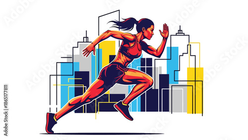 Street runner urban mural vector illustration with bold flat colors and abstract city background, dynamic sports artwork symbolizing speed, fitness, and motivation for advertising and branding