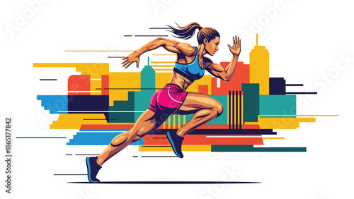 Street runner urban mural vector illustration with bold flat colors and abstract city background, dynamic sports artwork symbolizing speed, fitness, and motivation for advertising and branding