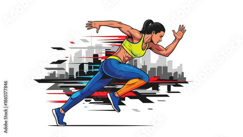 Street runner urban mural vector illustration with bold flat colors and abstract city background, dynamic sports artwork symbolizing speed, fitness, and motivation for advertising and branding