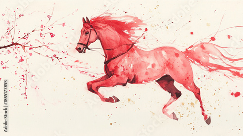 Beautiful red horse with a single, minimalist branch of blossoms. Lunar New Year concept.