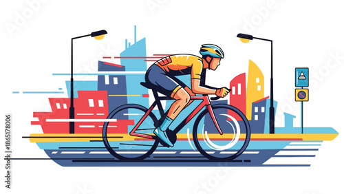 Urban cyclist racing mural vector illustration with flat solid colors and graffiti city background, dynamic street sports artwork for fitness, lifestyle, and modern advertising design