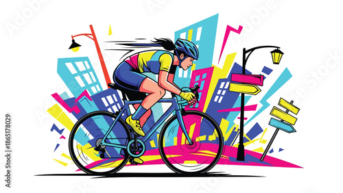 Urban cyclist racing mural vector illustration with flat solid colors and graffiti city background, dynamic street sports artwork for fitness, lifestyle, and modern advertising design
