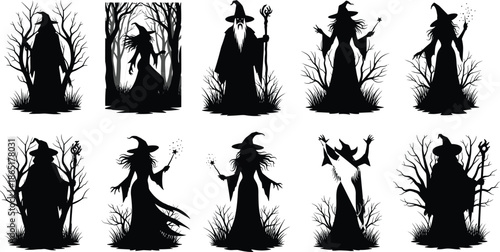 Set of ten spooky witch silhouettes with magic wands and staffs, halloween mystical forest figures, dark pagan goddess vector, gothic.