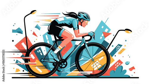 Urban cyclist racing mural vector illustration with flat solid colors and graffiti city background, dynamic street sports artwork for fitness, lifestyle, and modern advertising design