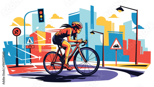 Urban cyclist racing mural vector illustration with flat solid colors and graffiti city background, dynamic street sports artwork for fitness, lifestyle, and modern advertising design
