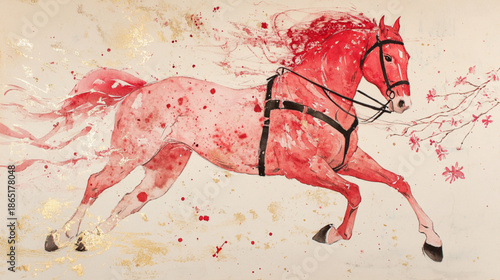 Beautiful red horse with a single, minimalist branch of blossoms. Lunar New Year concept.