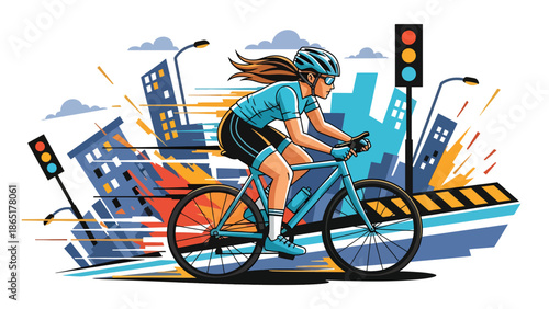 Urban cyclist racing mural vector illustration with flat solid colors and graffiti city background, dynamic street sports artwork for fitness, lifestyle, and modern advertising design